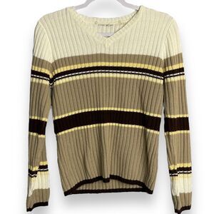 Faded Glory Ribbed Knit Stripe Sweater Women's Medium Brown Casual Y2K Preppy
